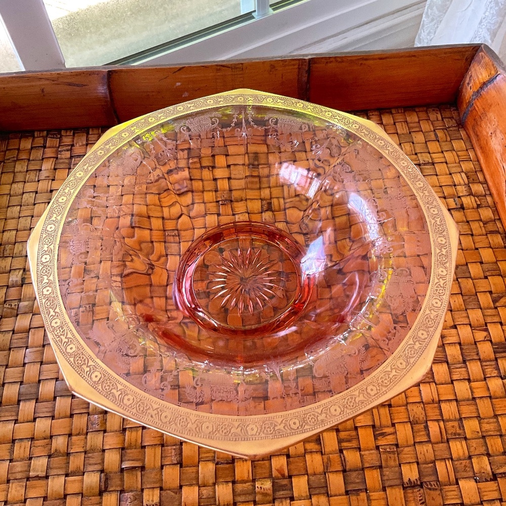 Vintage Pink Depression Glass Bowl With Gold Etched Gilding